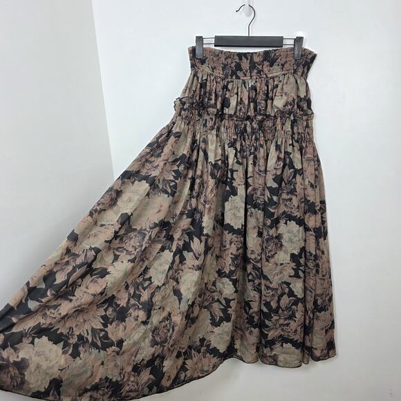 Promesa Black Brown Leaf Print Fall Forest Whimsygoth Maxi Skirt Size Small - Picture 1 of 8